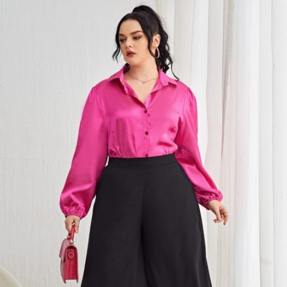 Plus Satin Bishop Sleeve Blouse